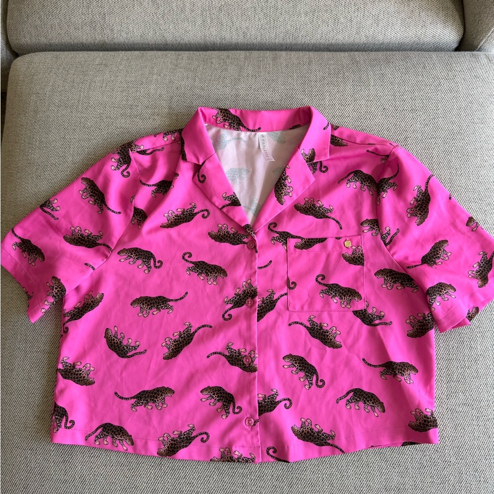 Fabletics Pink Pajama Top with Leopard Design